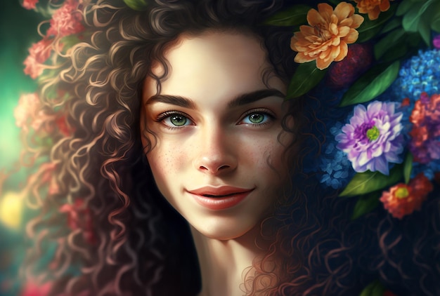 Retrato de una mujer sensual alegre en un remolino de flores de colores ai generativo