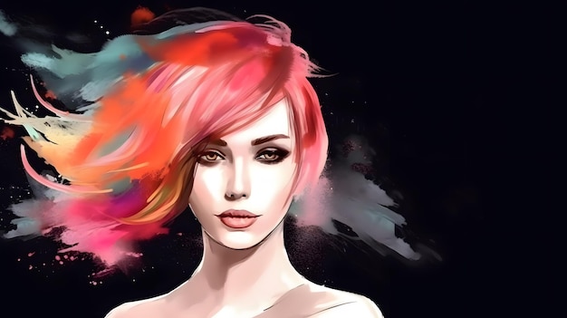 Retrato de mujer sensual de moda con peinado colorido y salpicadura de pintura de acuarela arte ilustración banner Generativo Ai