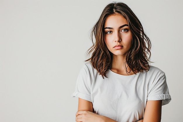 retrato de una mujer seria y atractiva con camiseta blanca sobre fondo blanco aislado