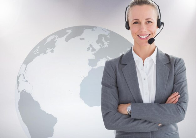 Retrato de mujer de servicio al cliente con auriculares de pie con los brazos cruzados contra el respaldo del mapa mundial