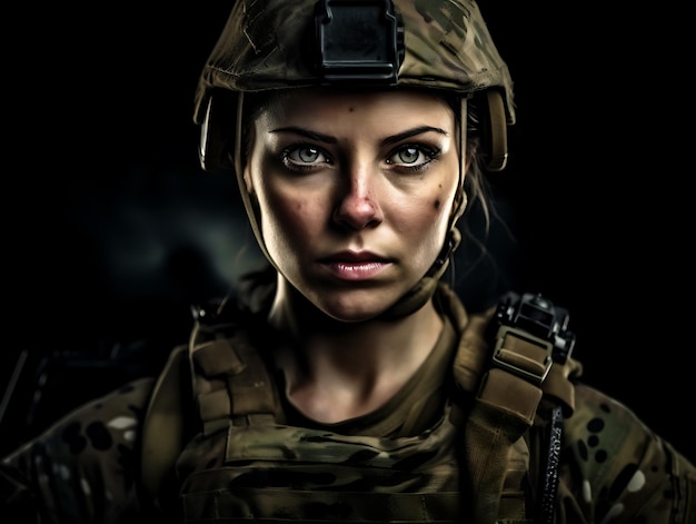 Retrato de una mujer soldado del ejército en uniforme de combate de protección