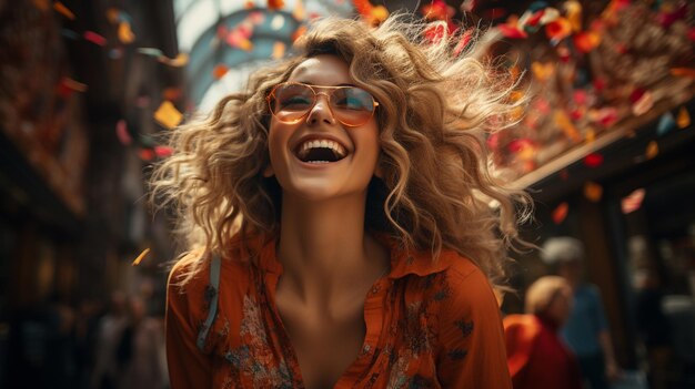 retrato de una mujer sonriente en un abrigo rojo y una bolsa de compras