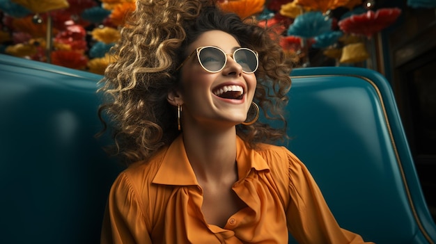 retrato de una mujer sonriente en un abrigo rojo y una bolsa de compras