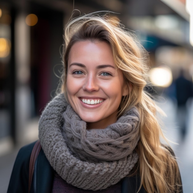 retrato de una mujer sonriente con una bufanda en la ciudad