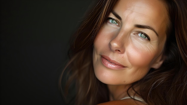 Retrato de una mujer sonriente con cabello castaño y ojos verdes sobre un fondo oscuro estilo de fotografía simple pero expresivo AI