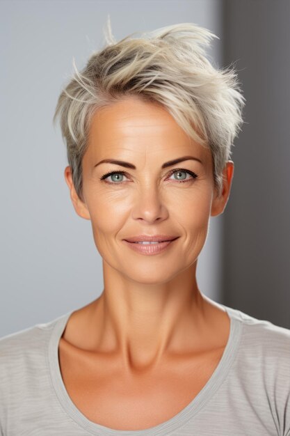 Foto retrato de mujer sonriente con cabello corto