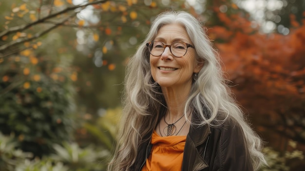 Retrato de una mujer sonriente con el cabello gris largo usando gafas de pie en el jardín