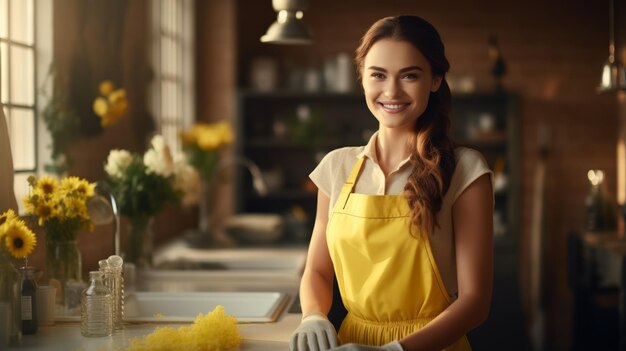 Retrato de una mujer sonriente con un delantal amarillo en una cocina