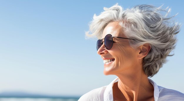 Retrato de una mujer sonriente envuelta en una manta en la playa