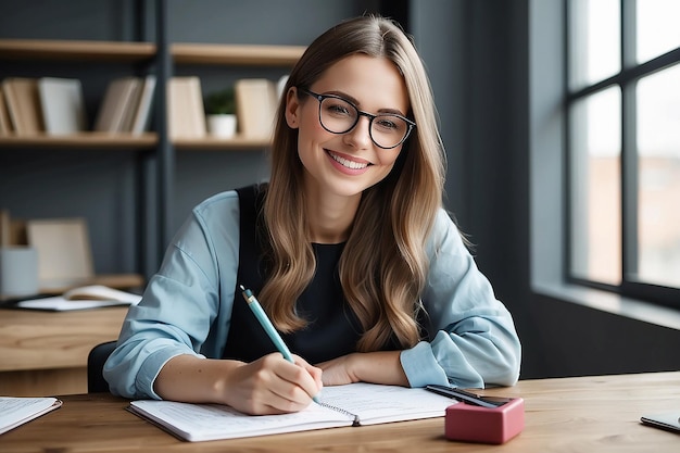 Retrato de una mujer sonriente con gafas escribiendo tomando notas estudiante sentada en el trabajo d