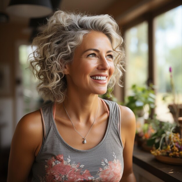 Retrato de una mujer sonriente de mediana edad con pelo rizado