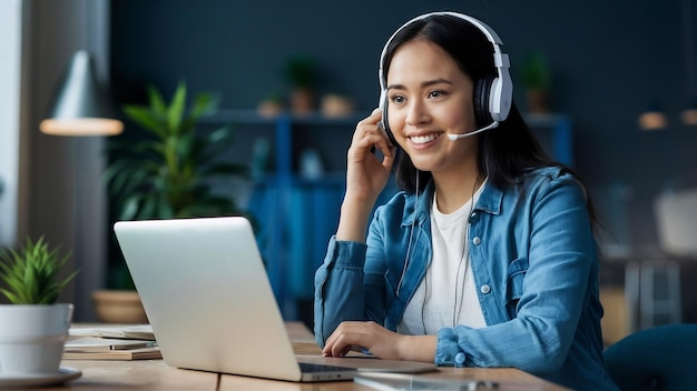 Retrato de una mujer sonriente con un operador de línea de ayuda portátil con auriculares en la oficina
