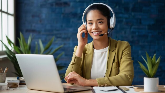 Retrato de una mujer sonriente con un operador de línea de ayuda portátil con auriculares en la oficina