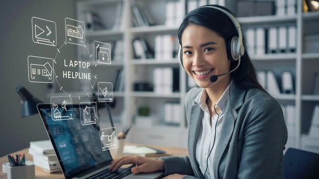 Retrato de mujer sonriente con operador de línea de ayuda portátil con auriculares en la oficina