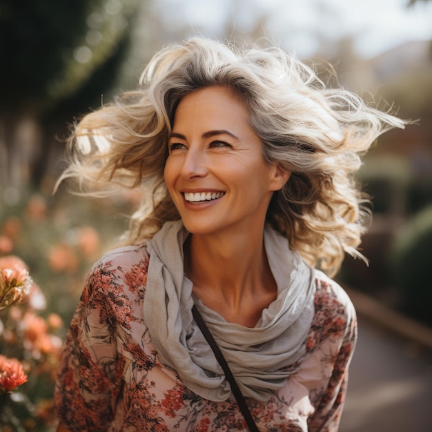 Retrato de una mujer sonriente con el pelo largo y rubio vistiendo una camisa floral y una bufanda