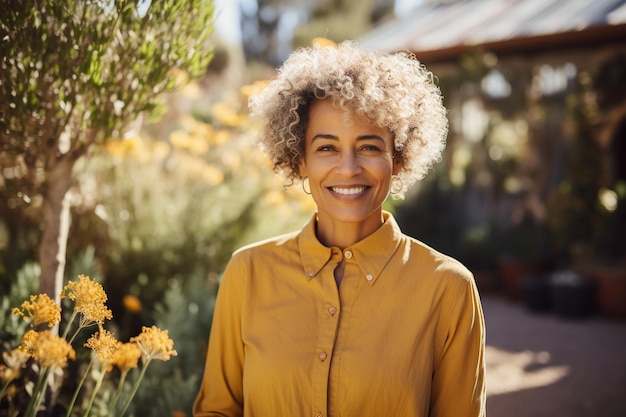 Retrato de una mujer sonriente de pie en un jardín de flores en un día soleado