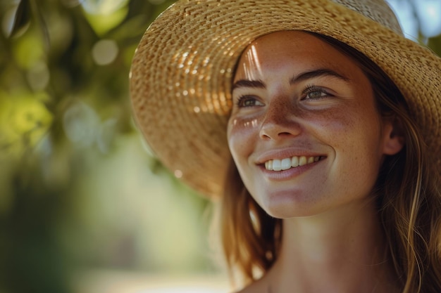 Retrato de una mujer sonriente con un sombrero de paja con vegetación natural en el fondo