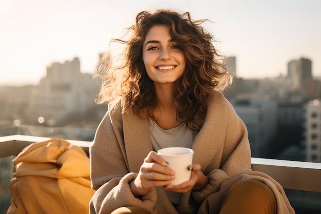 Retrato de una mujer sonriente sosteniendo una taza de café mientras está sentada en el techo