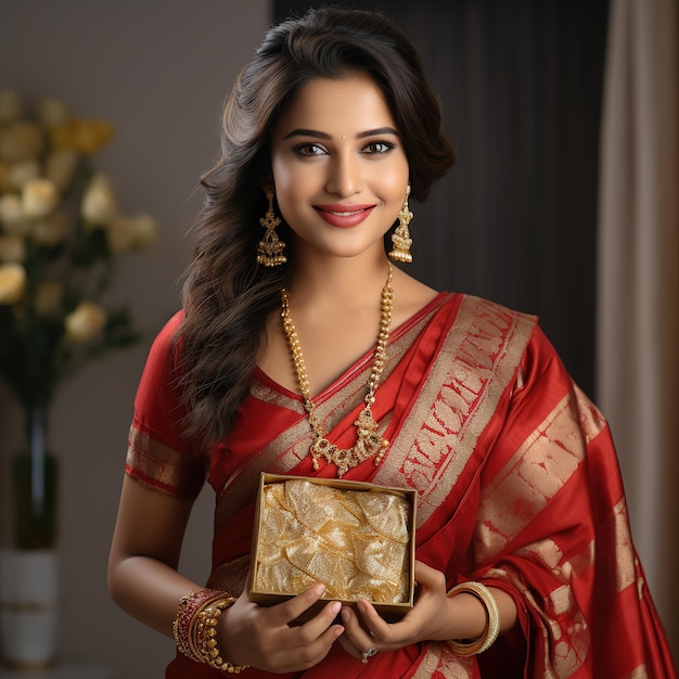 Retrato de una mujer sonriente en el tradicional sari rojo y dorado sosteniendo regalos