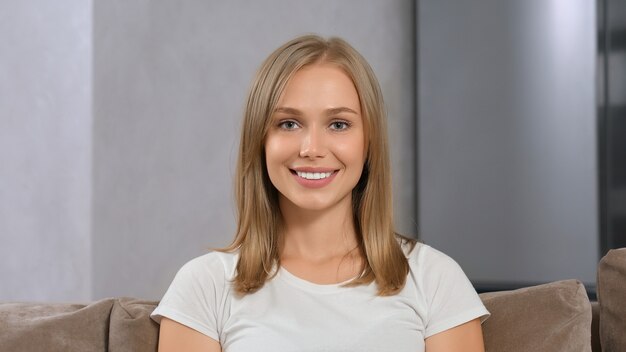 Retrato de mujer sonriente vestida con camiseta blanca.