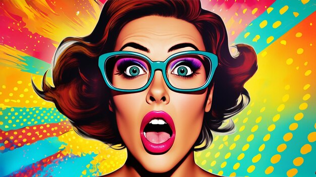 Foto retrato de mujer sorprendida con gafas en estilo pop art retro asombro en el rostro de la mujer