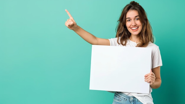 Foto retrato de una mujer sosteniendo un estandarte en blanco y mostrando un signo de victoria con un gran espacio de copia contra un telón de fondo limpio ia generativa