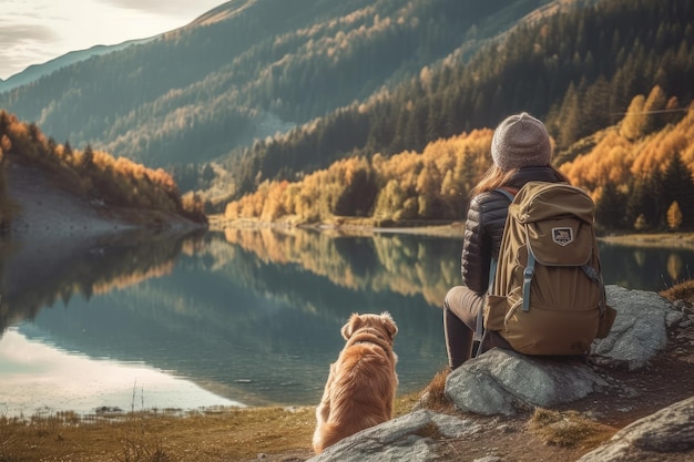 Retrato de una mujer y su perro disfrutando del senderismo AI Generative