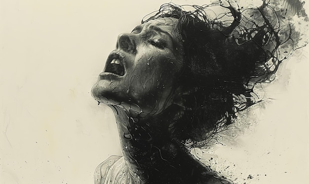 Retrato de una mujer sufriendo dolor femenino imagen en blanco y negro