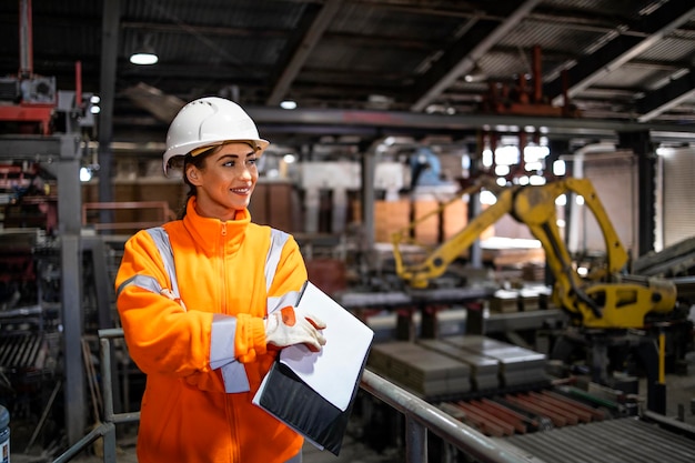 Retrato de mujer supervisora comprobando la línea de producción en la fábrica de fabricación