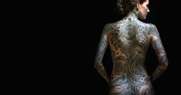 Retrato de mujer tatuadora de cuerpo completo tatuado con diseño creativo de espacio de copia de fondo negro