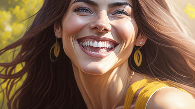 Un retrato de una mujer con un top amarillo y aretes de oro.