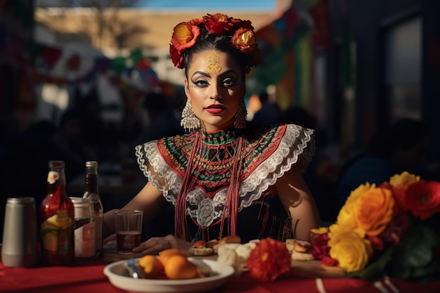 Foto retrato de una mujer con el tradicional maquillaje de la muerte festival mexicano dia de los muertos día de los muertos