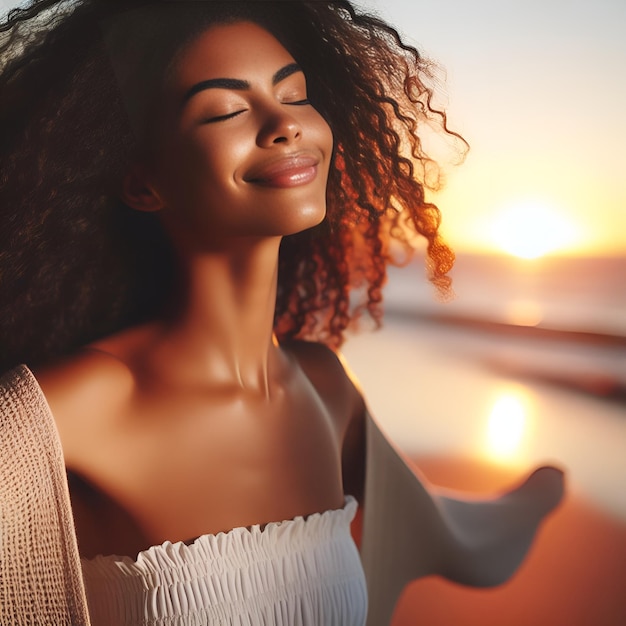 Retrato de una mujer tranquila, feliz, sonriente y libre disfrutando de un maravilloso momento de la vida en el telón de fondo.