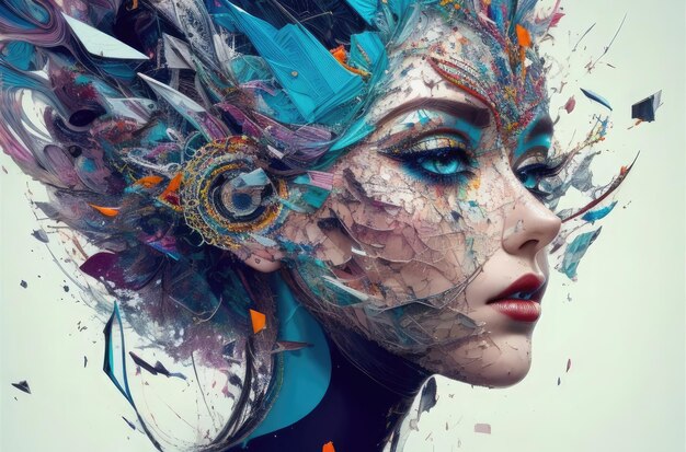 Retrato de una mujer a través del arte abstracto colorido Arte digital de mujer con pintura colorida Ai Art