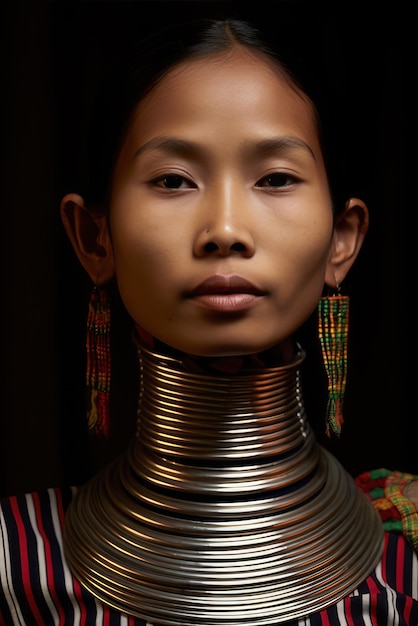 Foto retrato de una mujer de la tribu padaung de myanmar con el cuello estirado con pendientes y tradicional