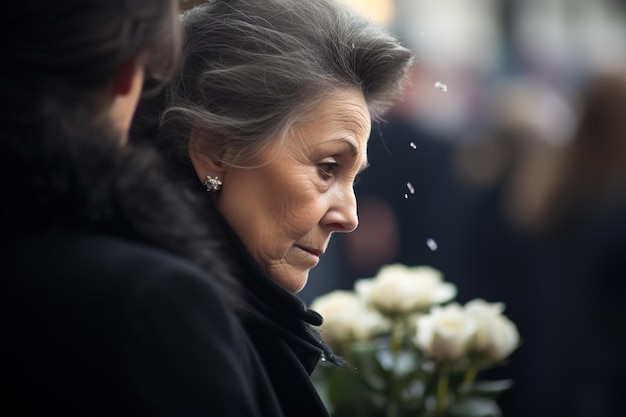 Foto retrato de una mujer triste con un ramo de flores fúnebres