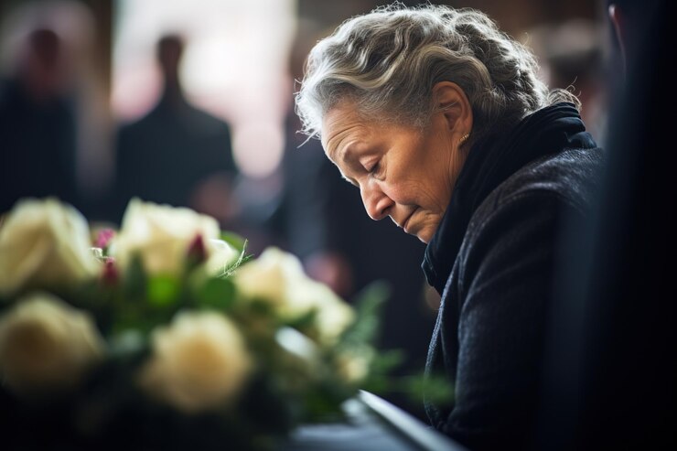 Retrato de una mujer triste con un ramo de flores fúnebres