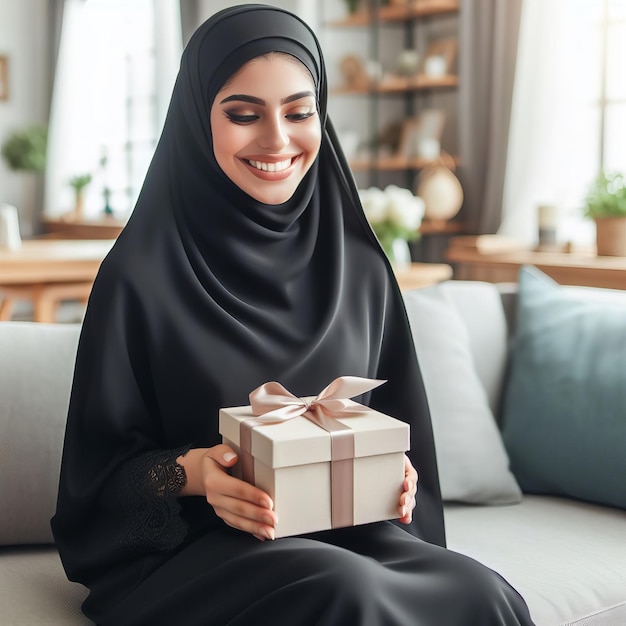 Foto retrato de una mujer velada del golfo de arabia saudita con una abaya negra sosteniendo un jugo de mango en la mano