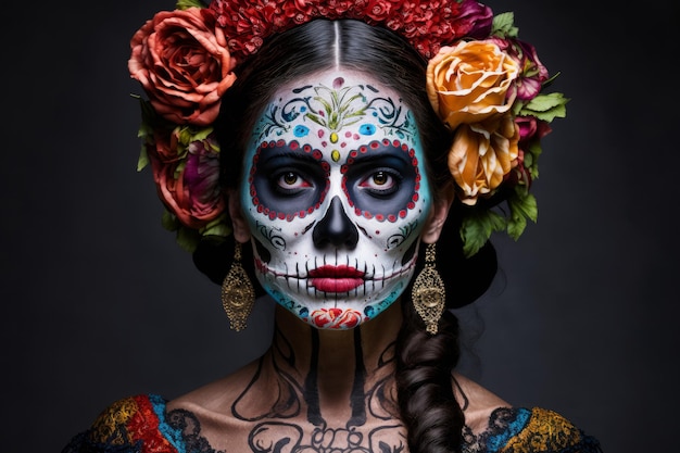 Retrato de una mujer vestida con un disfraz de calavera mexicana del día de los muertos Generativo ai