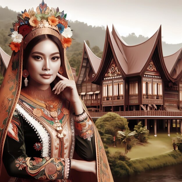 Retrato de una mujer vestida con ropa tradicional con un fondo de edificios típicos de Indonesia