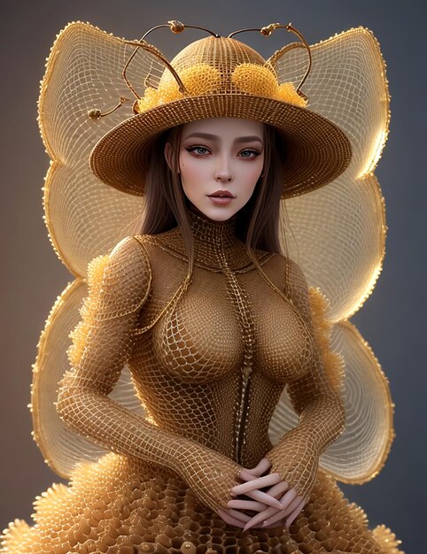 Retrato de mujer con vestido hecho de abeja