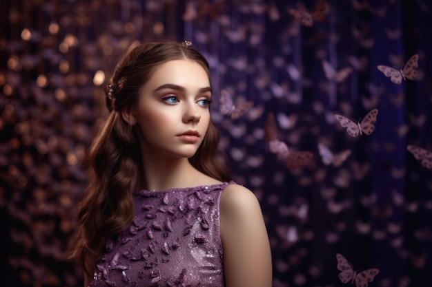 retrato de una mujer con vestido violeta y mariposas generadas por IA