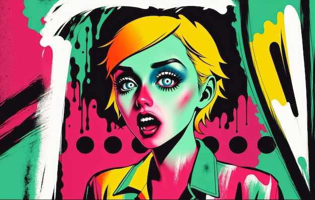 Retrato de mujer zombi sobre un fondo grunge en estilo pop art comic AI generativa