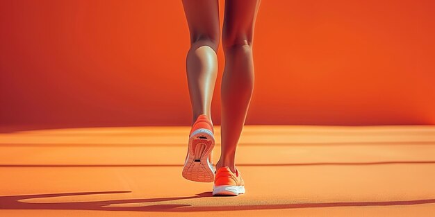 Foto retrato de mujeres deportivas con piernas musculosas corriendo con un telón de fondo limpio con un gran espacio para texto o publicidad de productos de tipo deportivo ia generativa