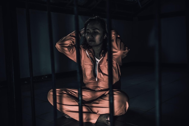 Retrato de mujeres desesperadas por atrapar la prisión de hierroconcepto de prisionerogente de tailandiaEsperanza de ser libreSi violan la ley serían arrestados y encarcelados