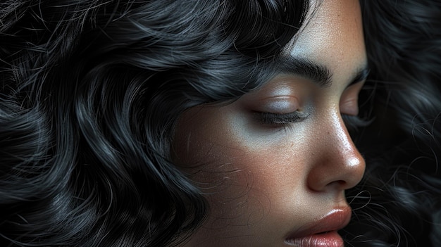 Retrato de mujeres con lujoso cabello rizado oscuro y piel suave