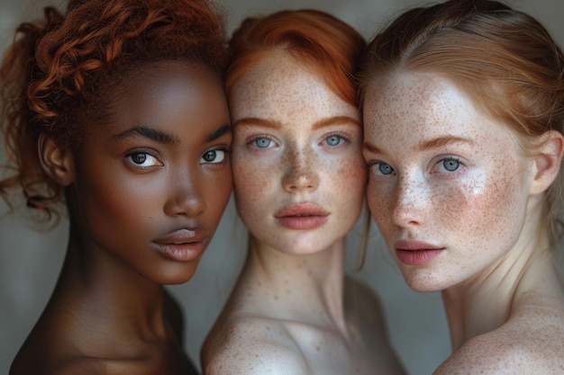 Foto retrato de mujeres multirraciales afroamericanas negras y pelirrojas blancas con diversidad de pecas