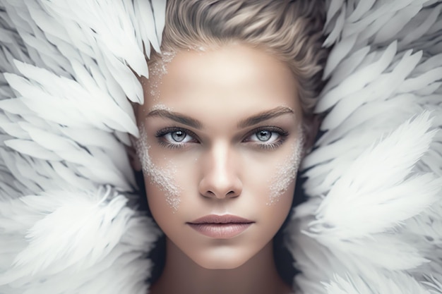 Retrato de mujeres de piel de cara hermosa con fondo de plumas blancas Publicidad de cosméticos de tratamiento para el cuidado de la piel Generar Ai