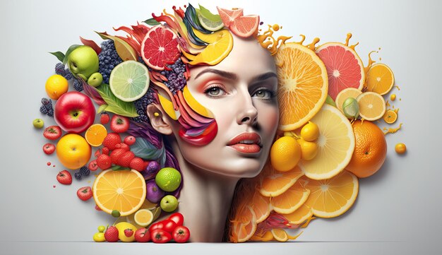 Retrato Mulher bonita com frutas mistas cartaz conceitual e fundo publicitário minimalista