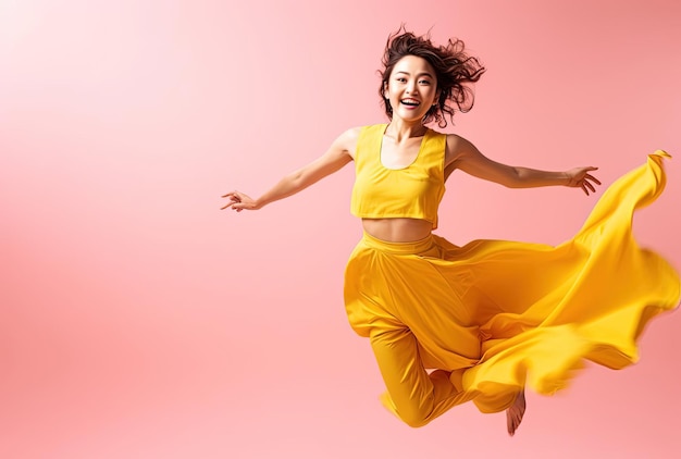 retrato mulher yang dança saltar em vestido amarelo kokoro imagens em estoque no estilo de rosa e